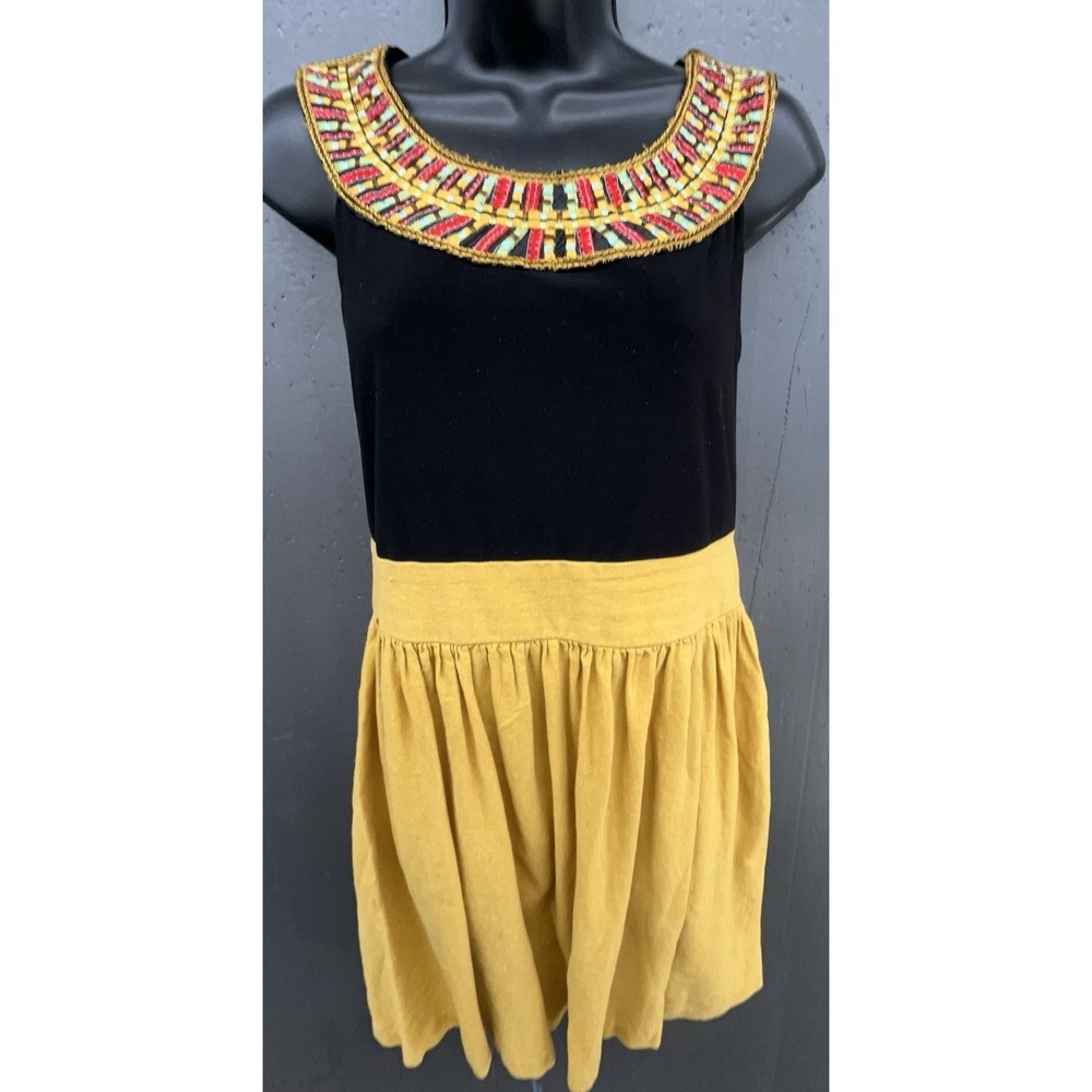 Linen Blend Dress 10 Black Yellow Embroidered Stretch Egyptian Ethnic Boho Retro